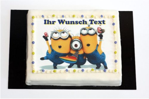 Rechteckige Minion Torte mit Wunsch Text | Cafe Koller AG